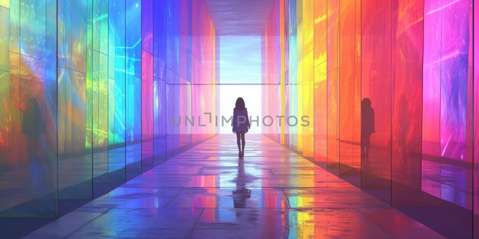 A woman walking down a hallway with multicolored walls