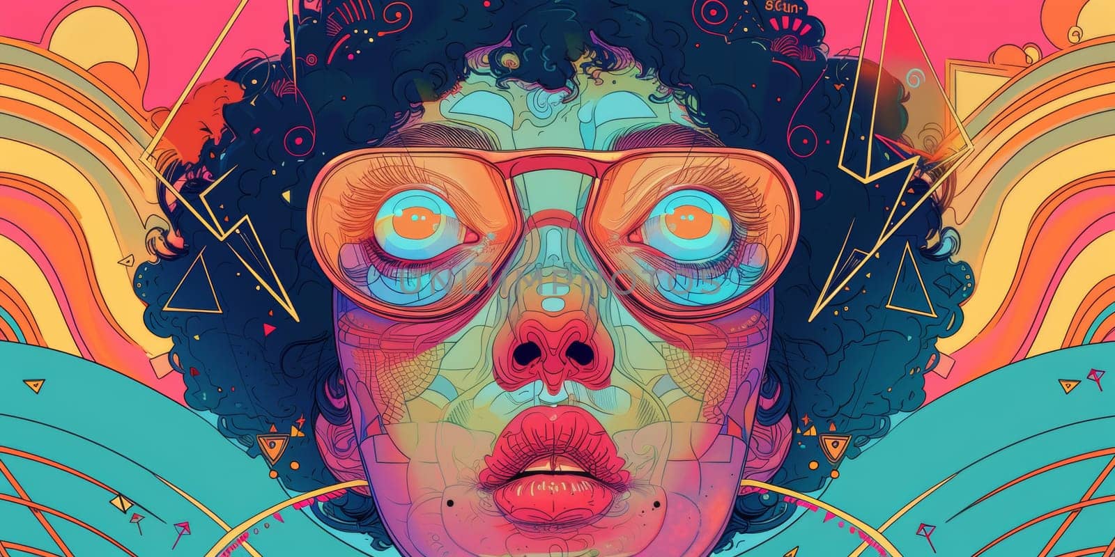 A colorful illustration of a woman with large glasses and curly hair, AI by starush