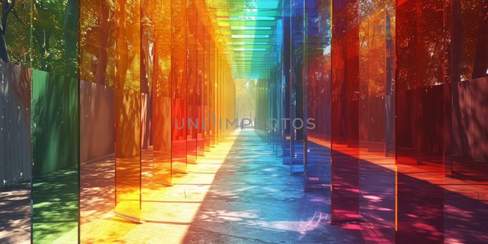 A rainbow colored glass walkway with trees in the background, AI by starush