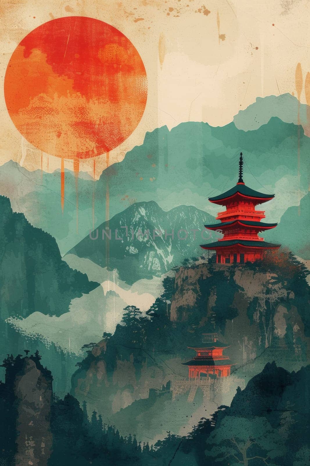 A painting of a oriental style pagoda on top of the mountain
