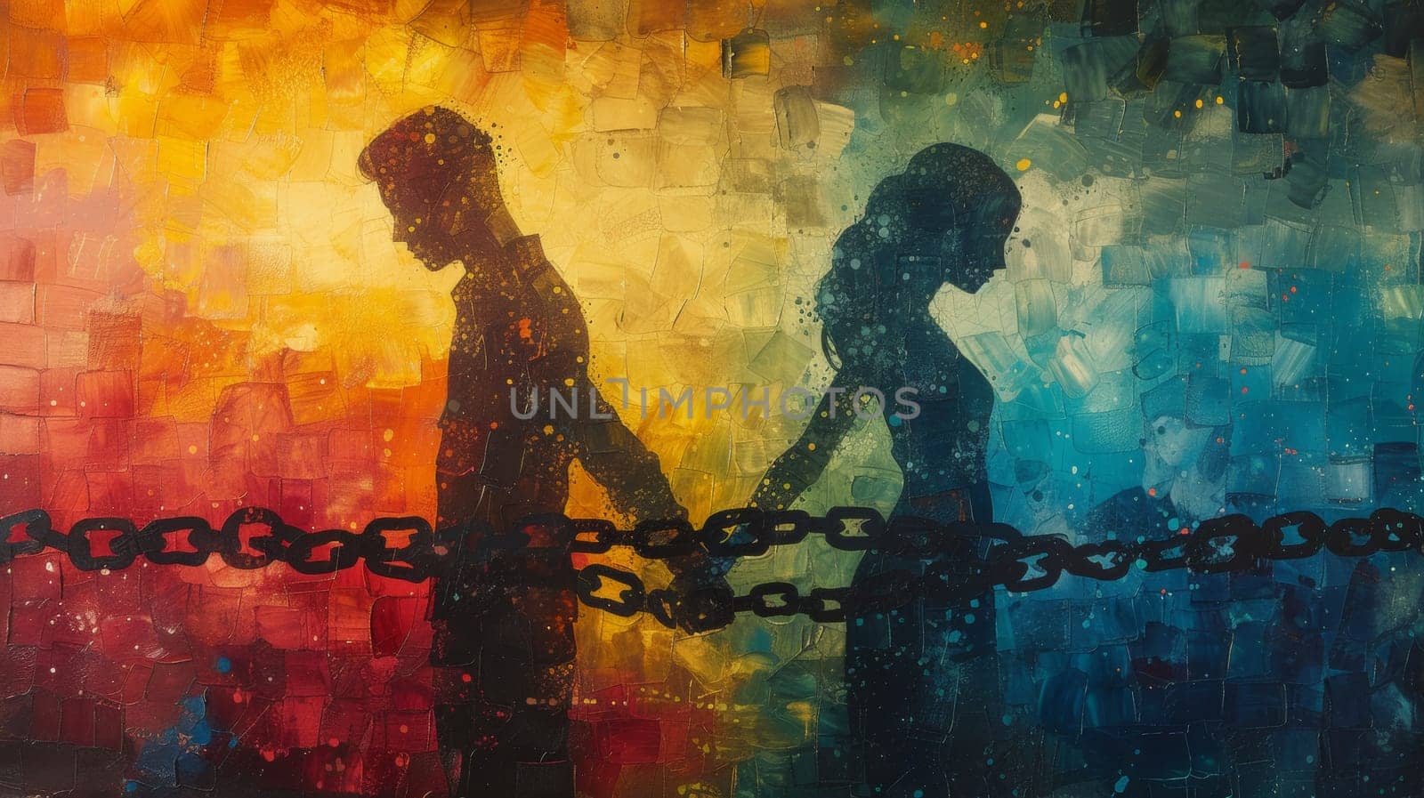 A painting of a couple holding hands with chains around their wrists