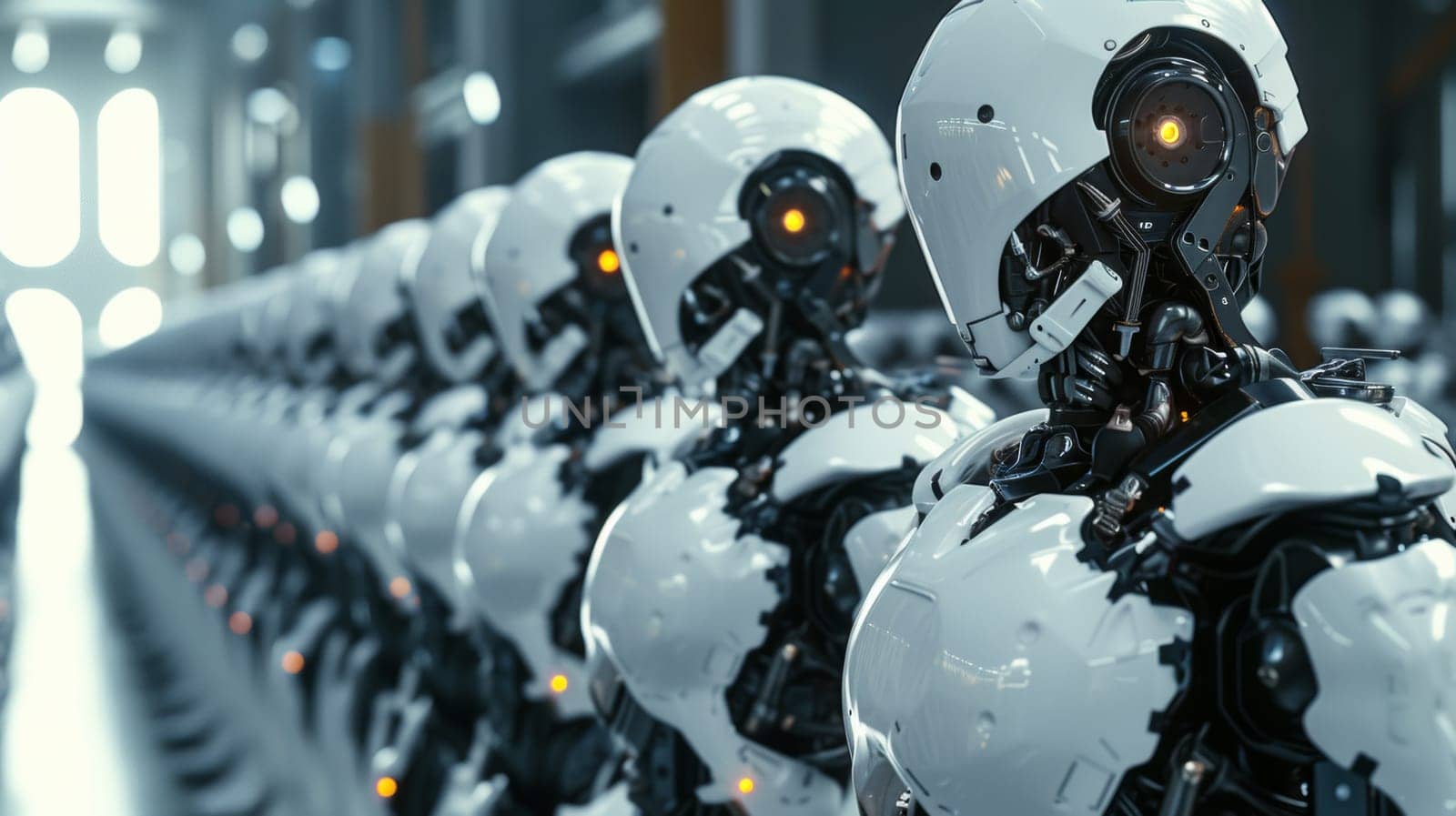 A row of robots lined up in a warehouse with orange lights