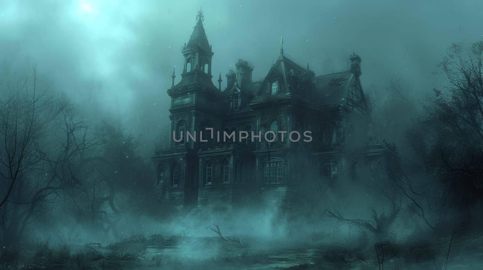 A creepy looking house in the fog with a clock tower
