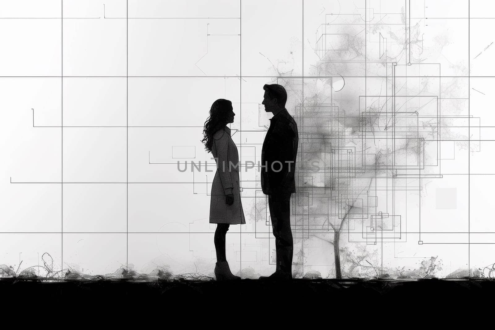 A couple standing in front of a tree with abstract lines