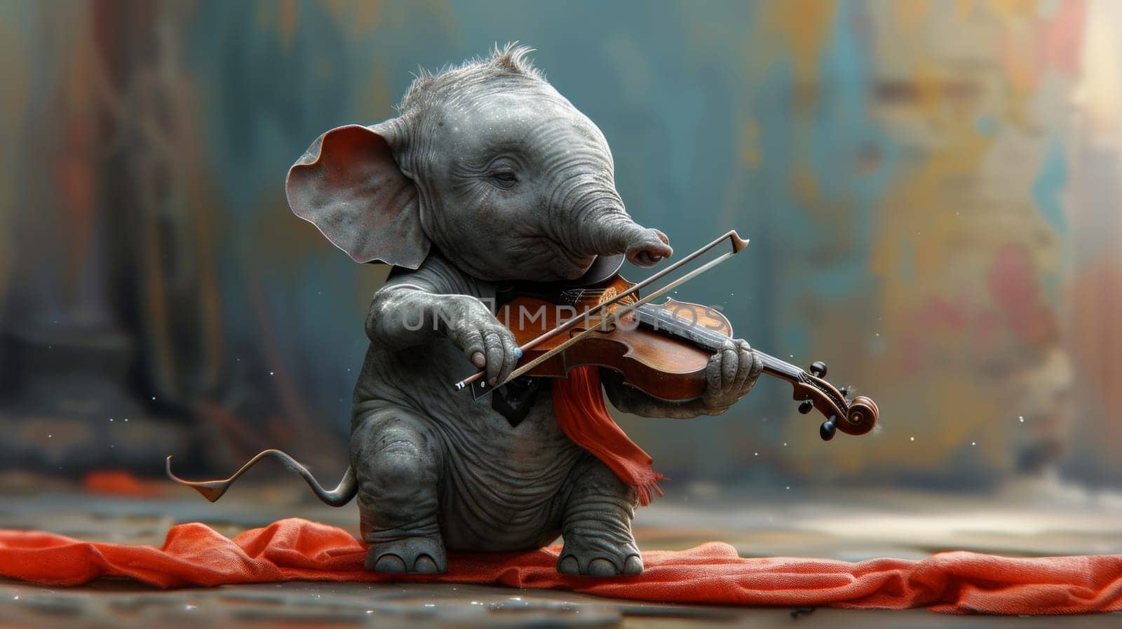 A small elephant playing a violin on top of red cloth