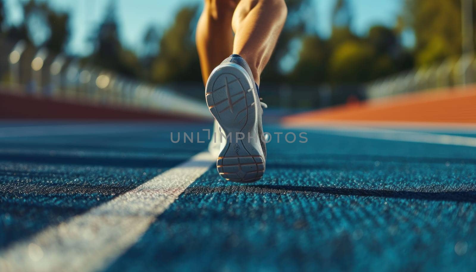 Athlete running on racetrack at stadium. Close up of athlete legs. Generative AI.