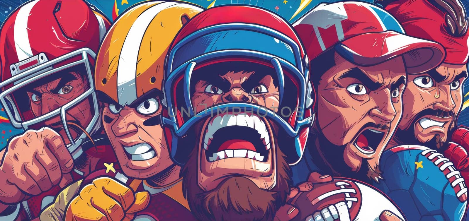 A cartoon illustration of a group of football players with helmets on