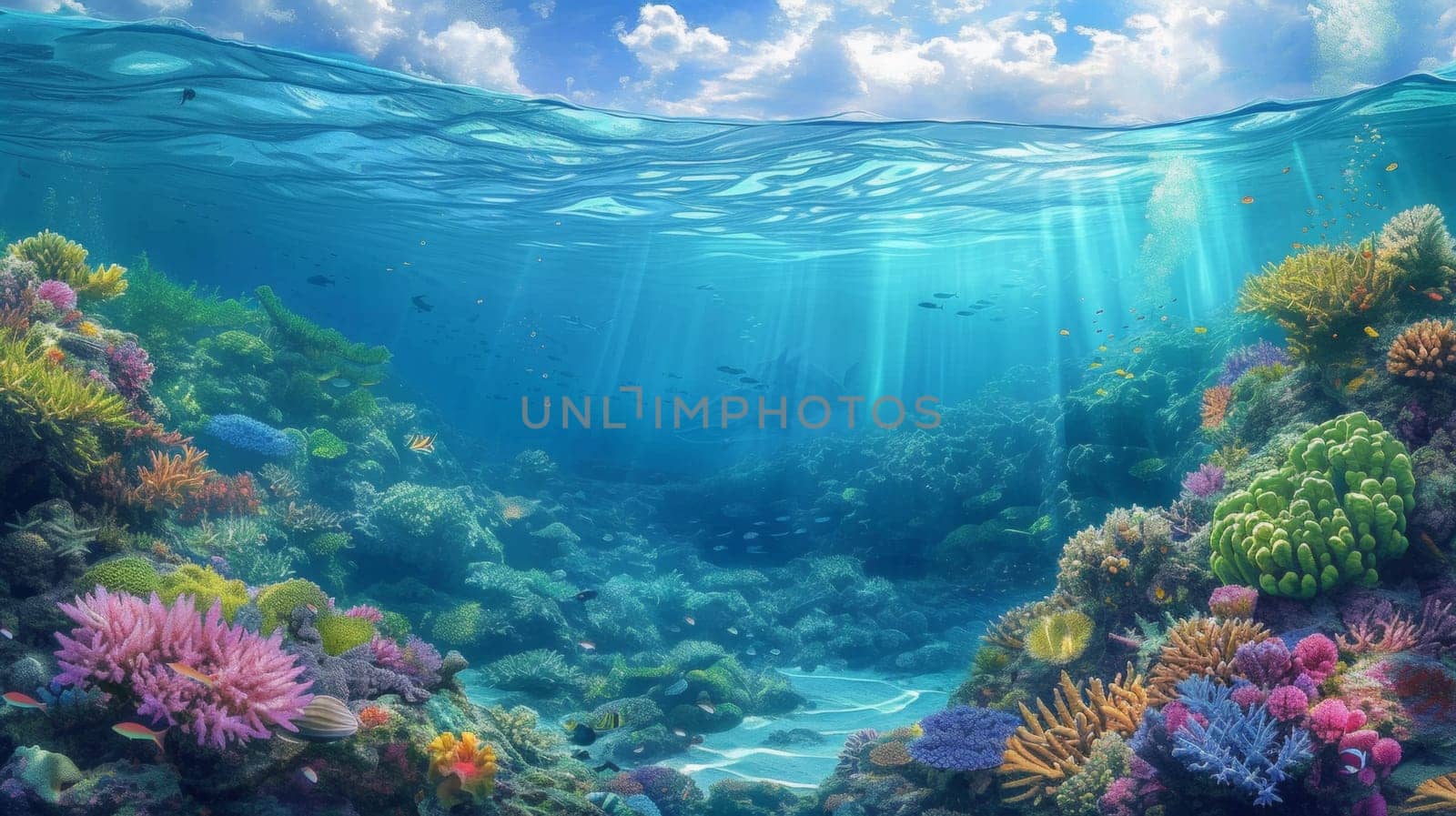 An underwater scene with a coral reef and ocean water, AI by starush