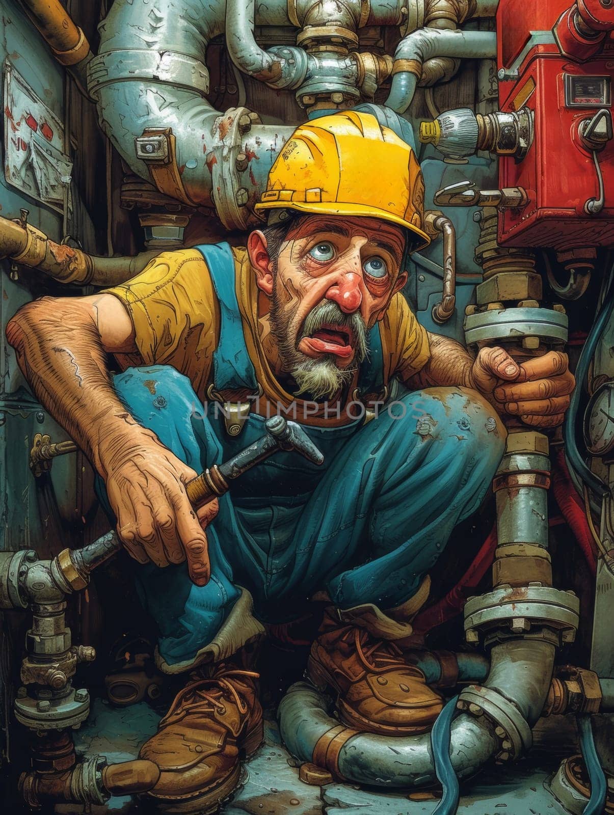A man in a hard hat holding a wrench and pipes, AI by starush