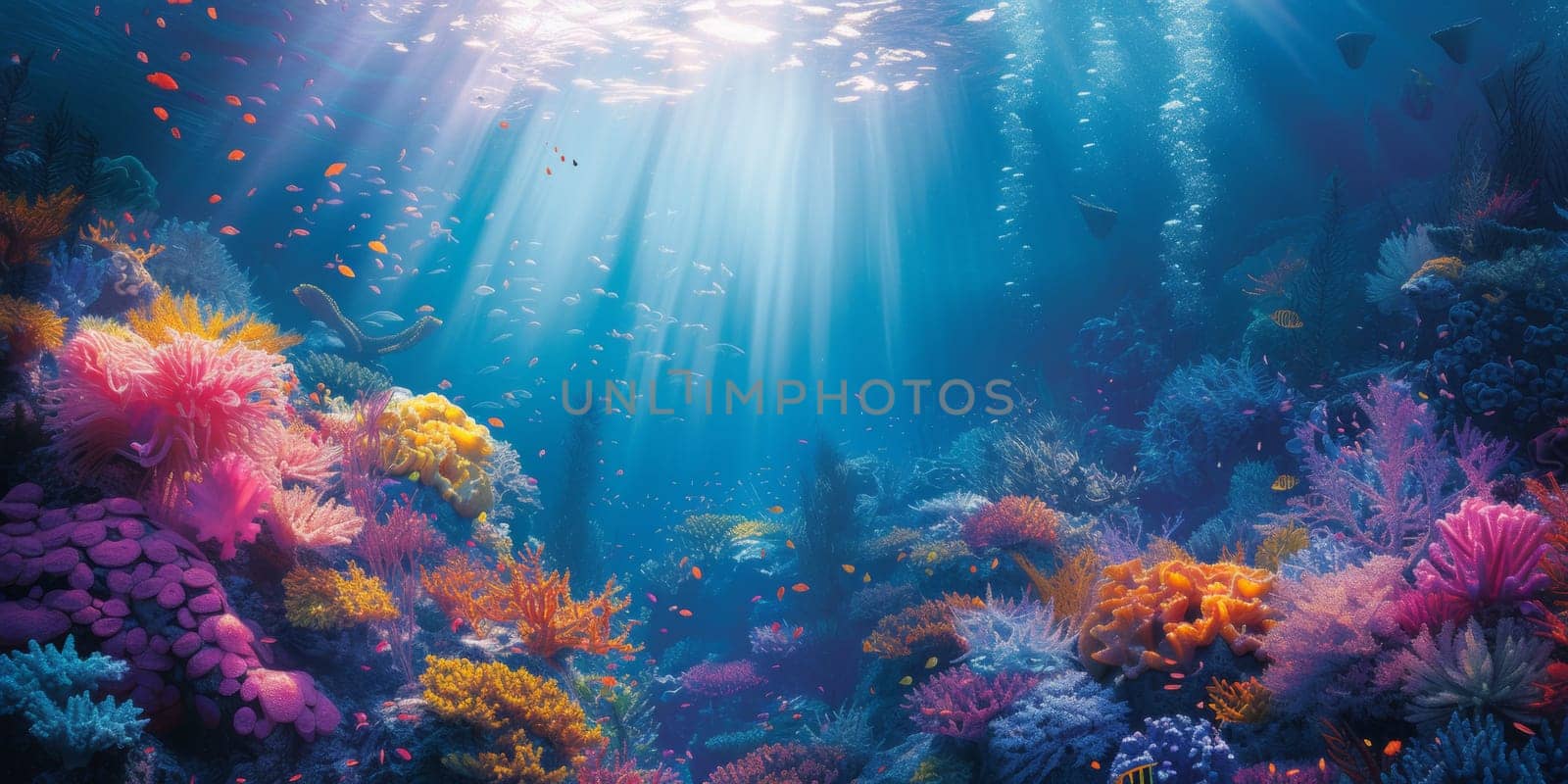 A colorful underwater scene with sunlight shining through the water, AI by starush