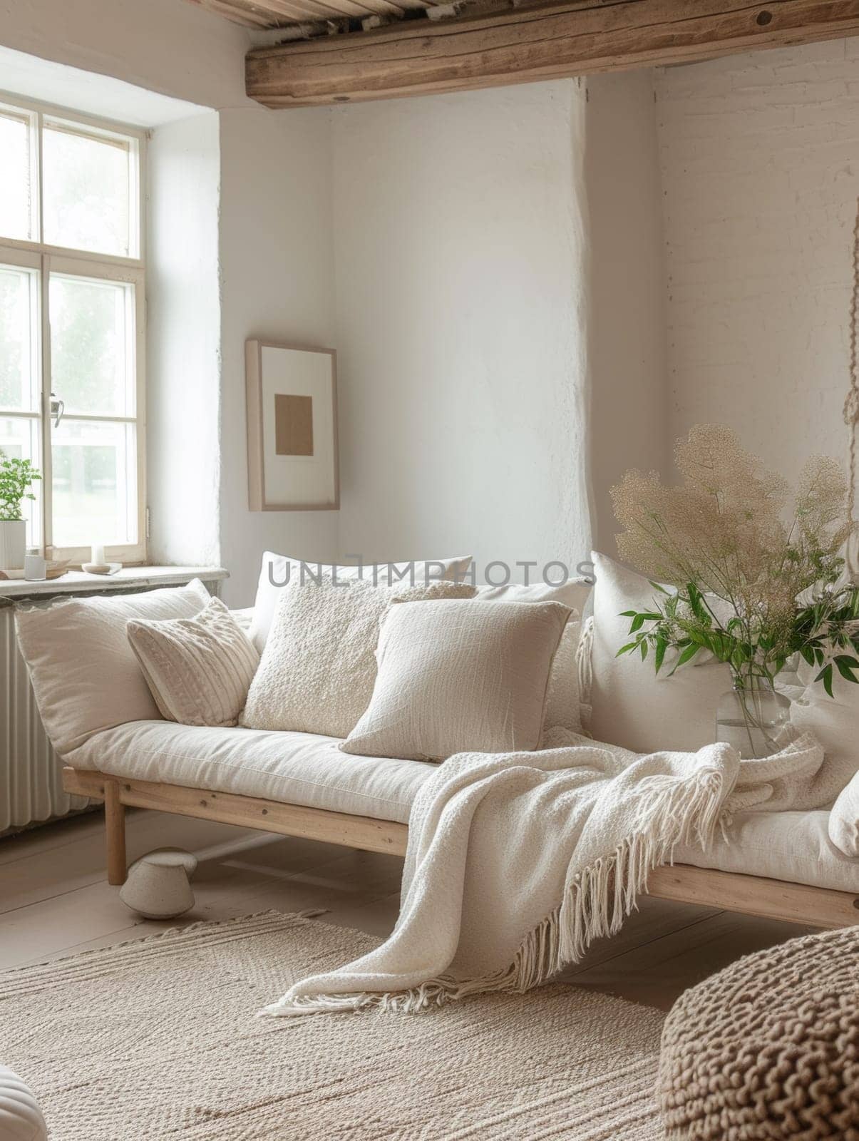 A white couch with pillows and a vase of flowers on it