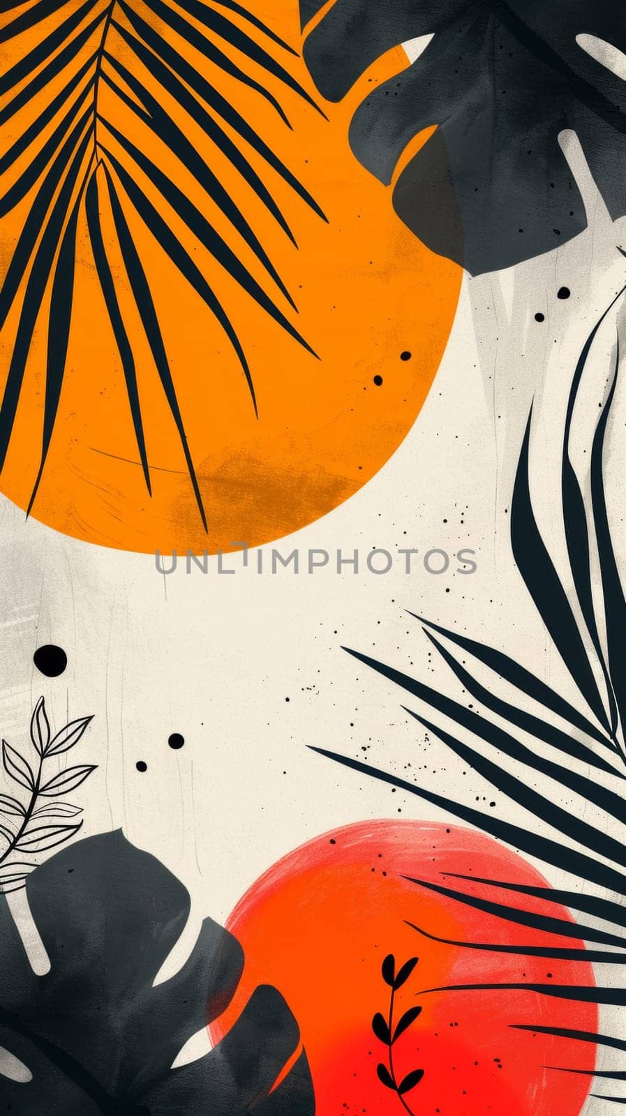 A painting of a tropical scene with palm leaves and an orange, AI by starush