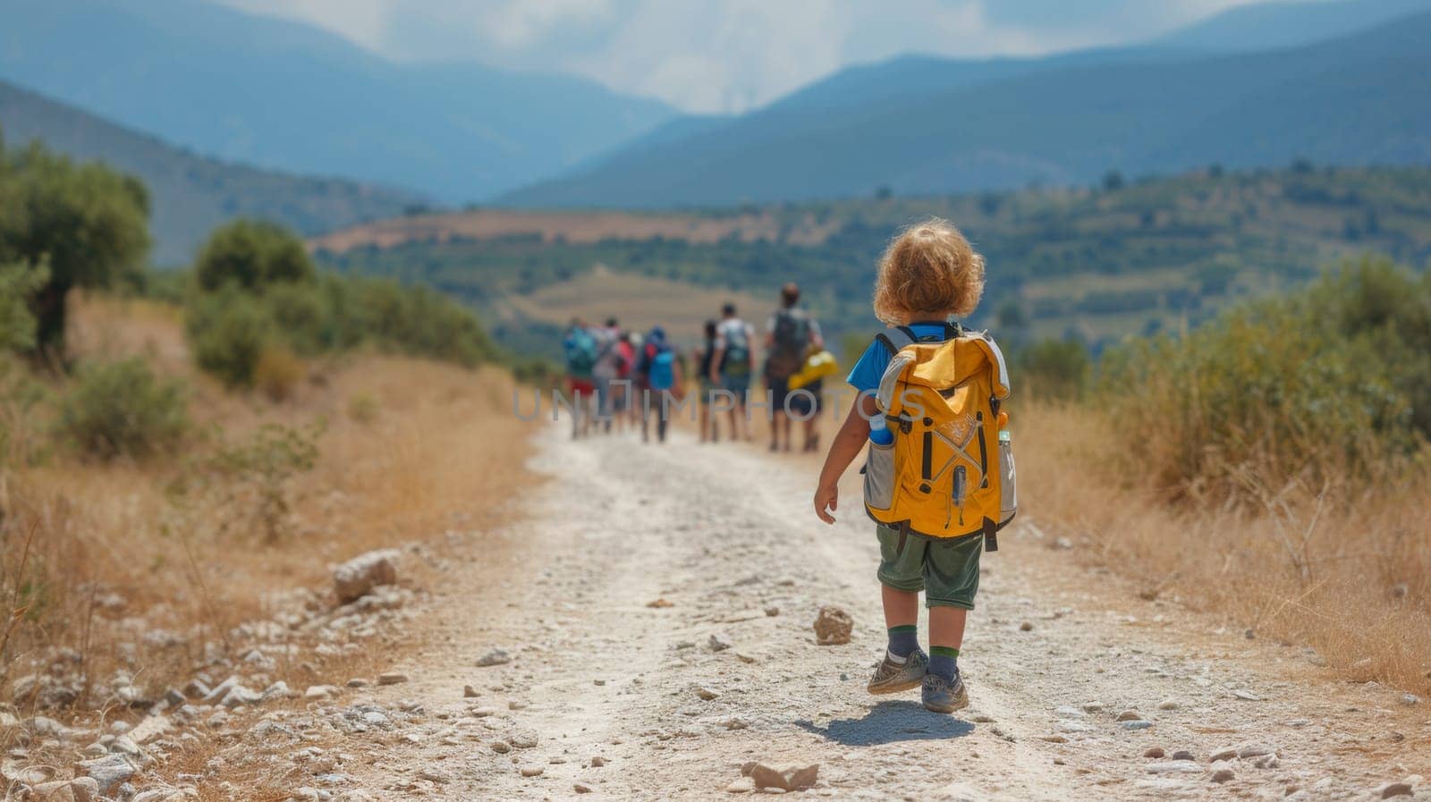 A group of a child with yellow backpack walking down dirt road