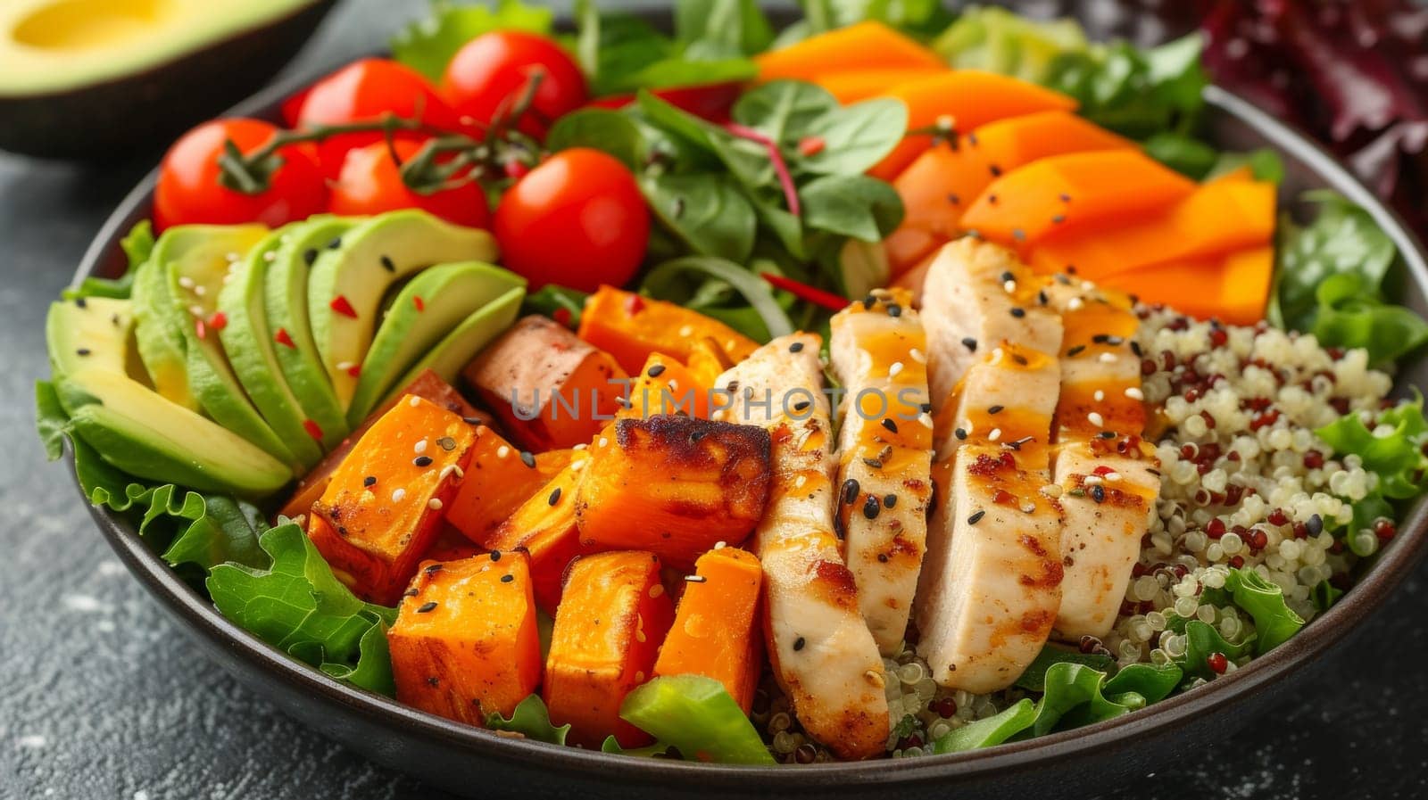 A bowl of a salad with chicken, avocado and tomatoes