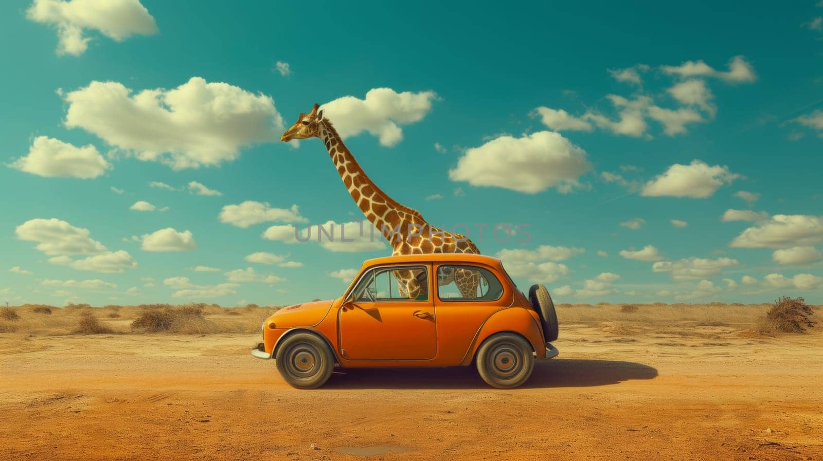 A giraffe standing in front of a small orange car, AI by starush