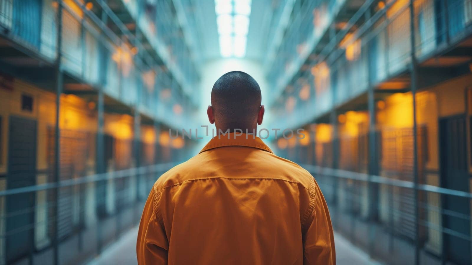 A man in orange jacket looking at camera from inside a jail cell, AI by starush