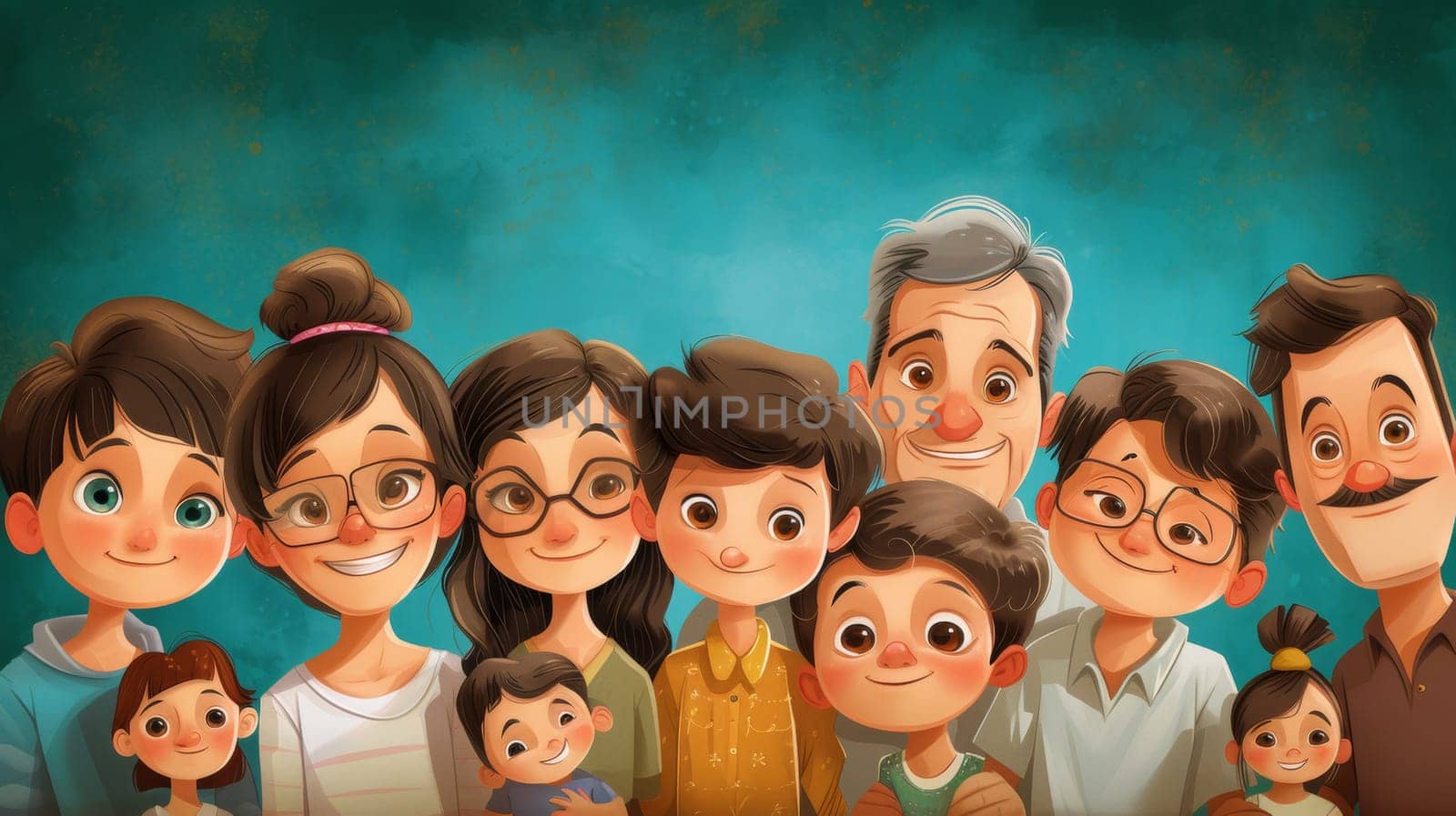 A large family of people with glasses and a big smile