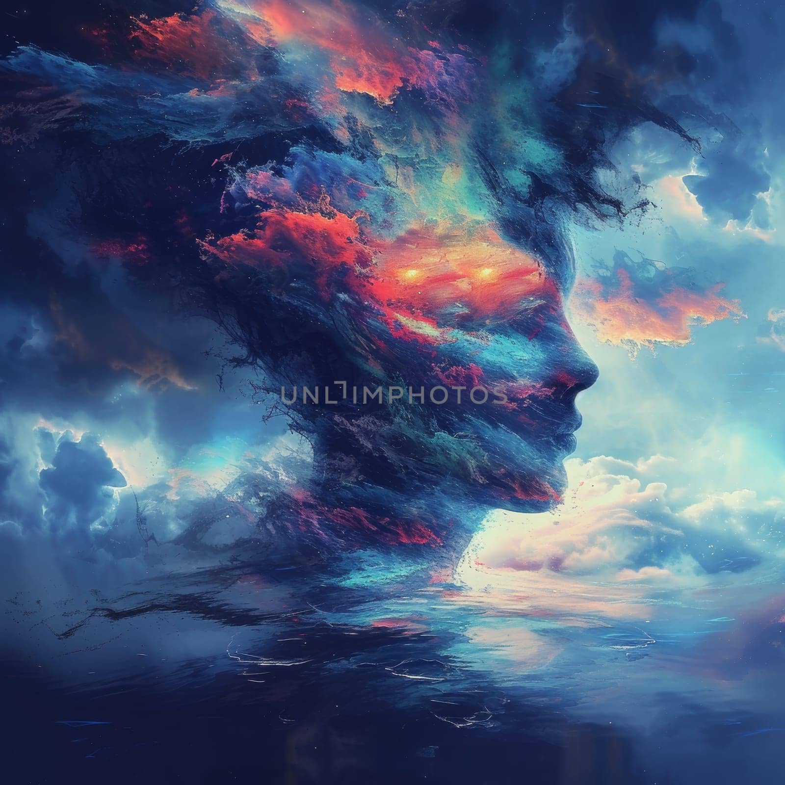 A woman's face is shown in a painting with colorful clouds