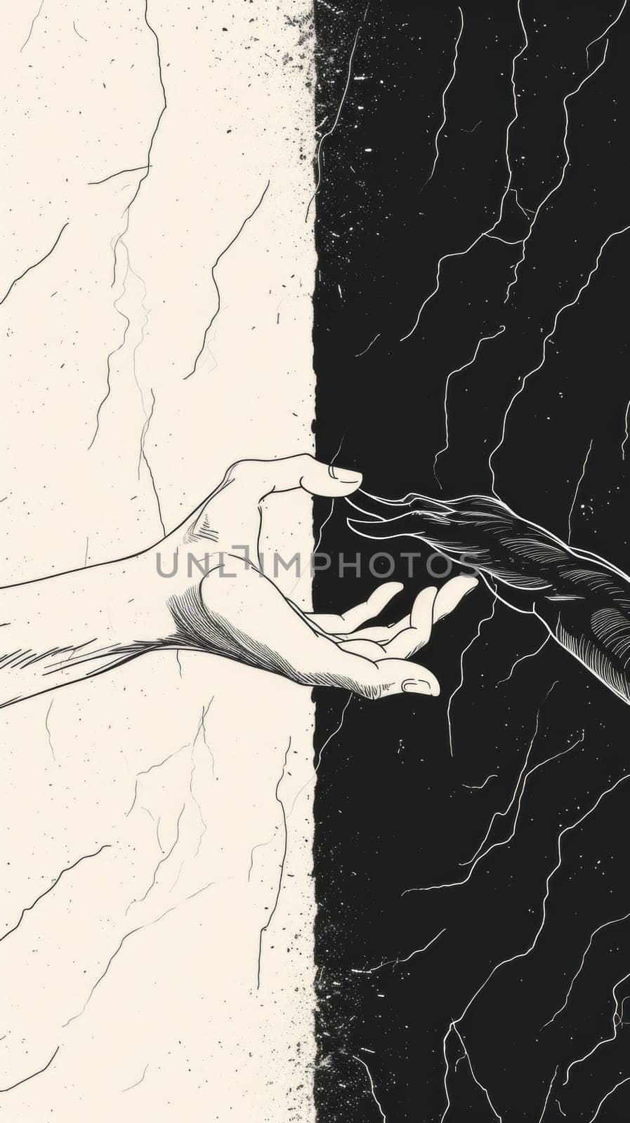 A drawing of two hands reaching for each other in a black and white image, AI by starush