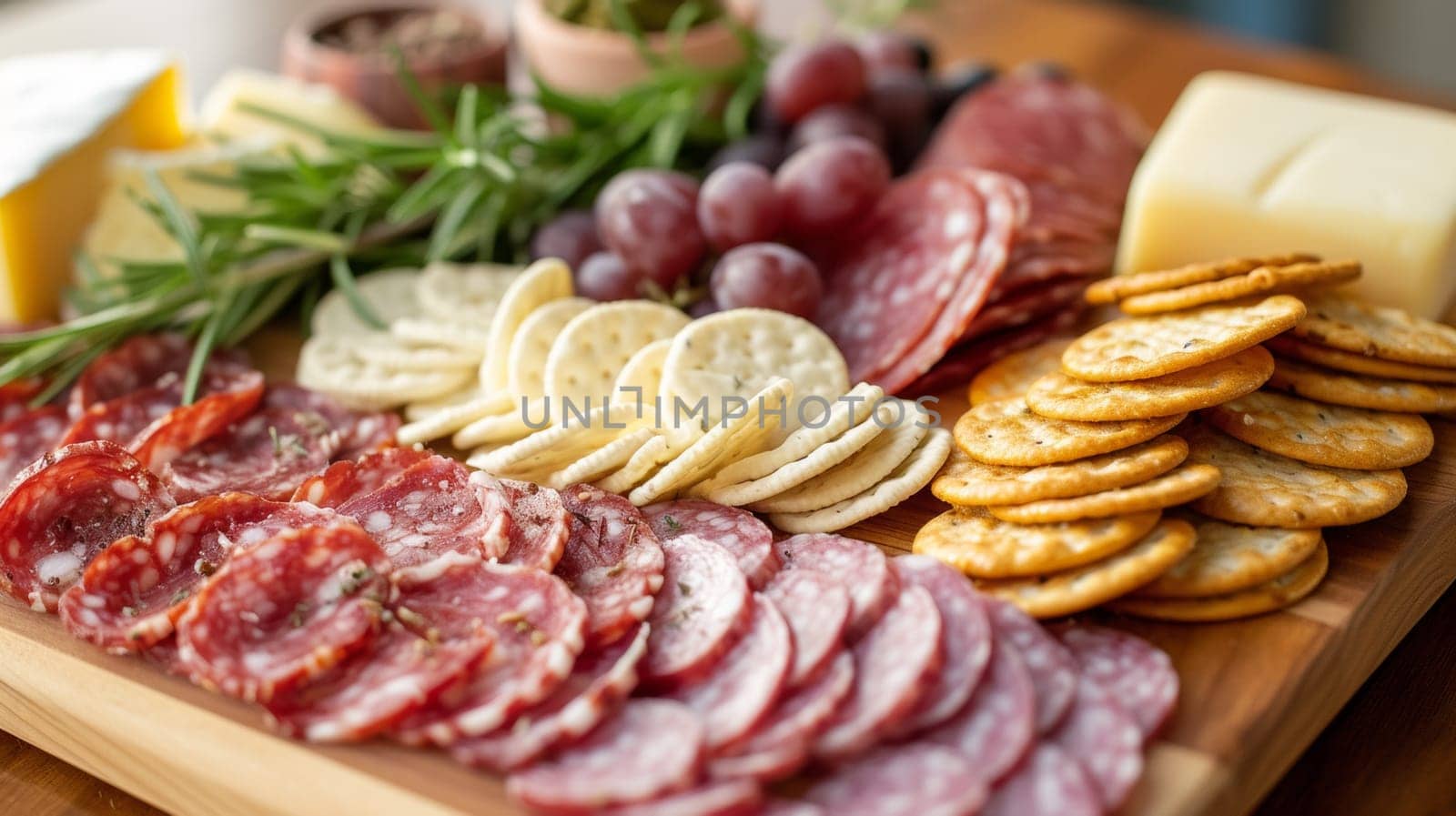 A wooden cutting board with crackers, cheese and meat on it