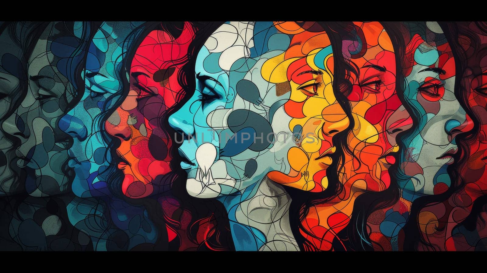 A group of faces painted in different colors and shapes, AI by starush