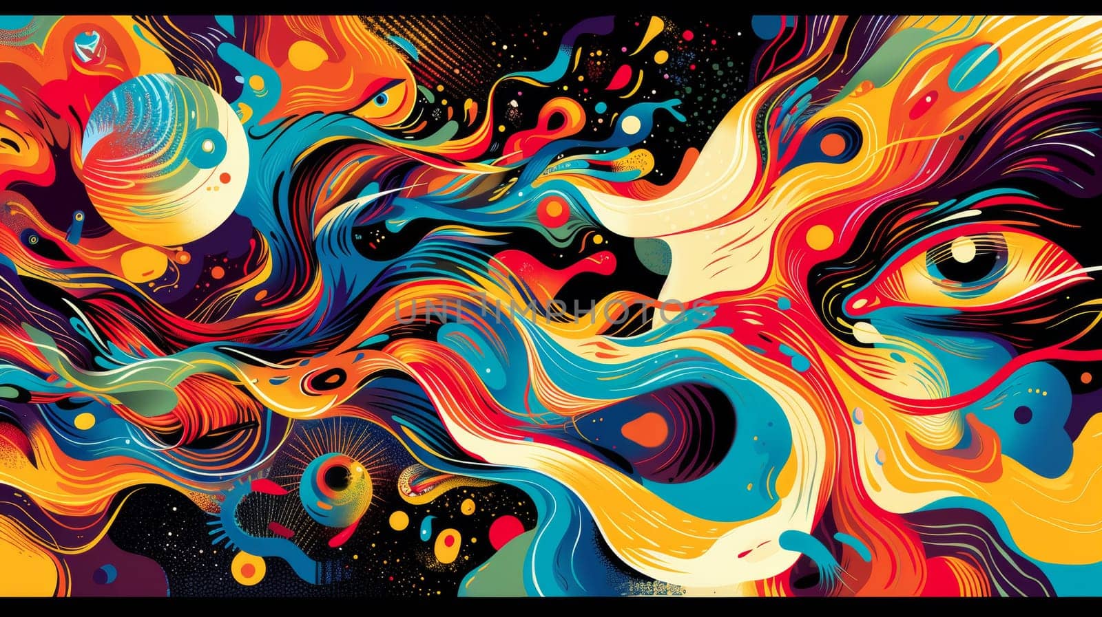 A colorful painting of a psychedelic swirl with an eye in the center
