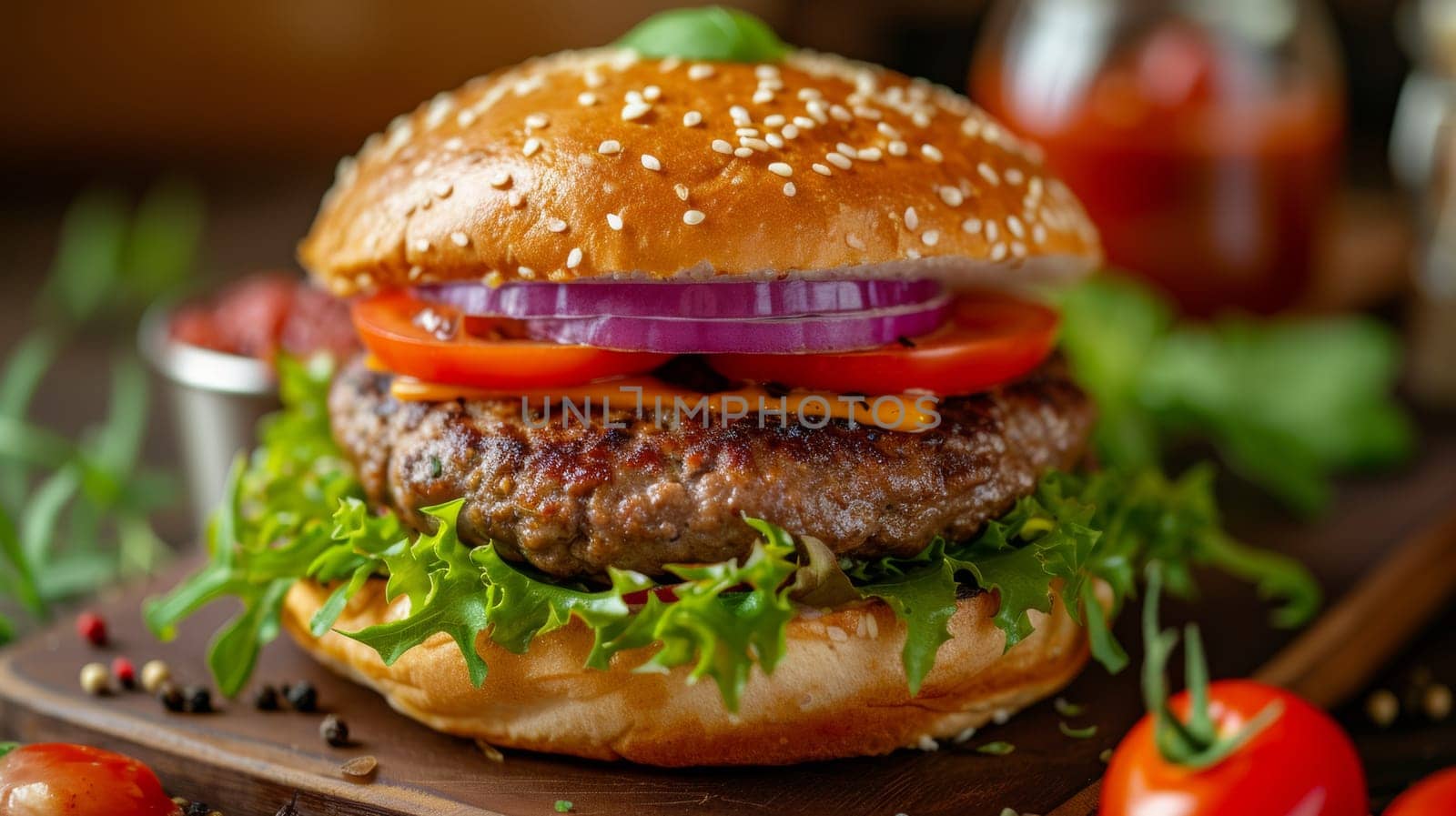 A close up of a hamburger with cheese, tomatoes and onions, AI by starush