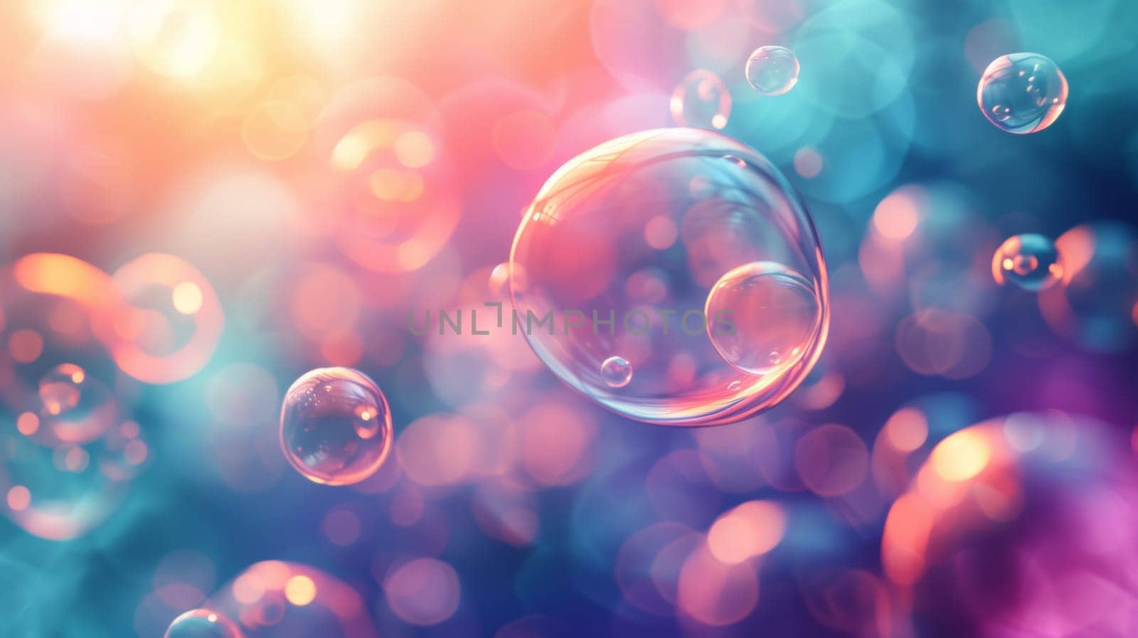 A close up of bubbles on a colorful background with some blue and yellow, AI by starush