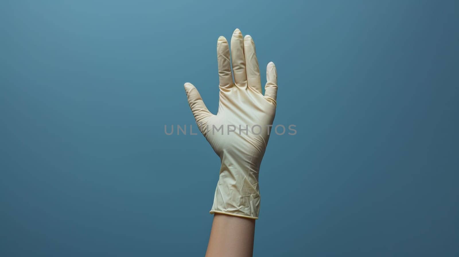 A person wearing a latex glove on their hand against blue background, AI by starush