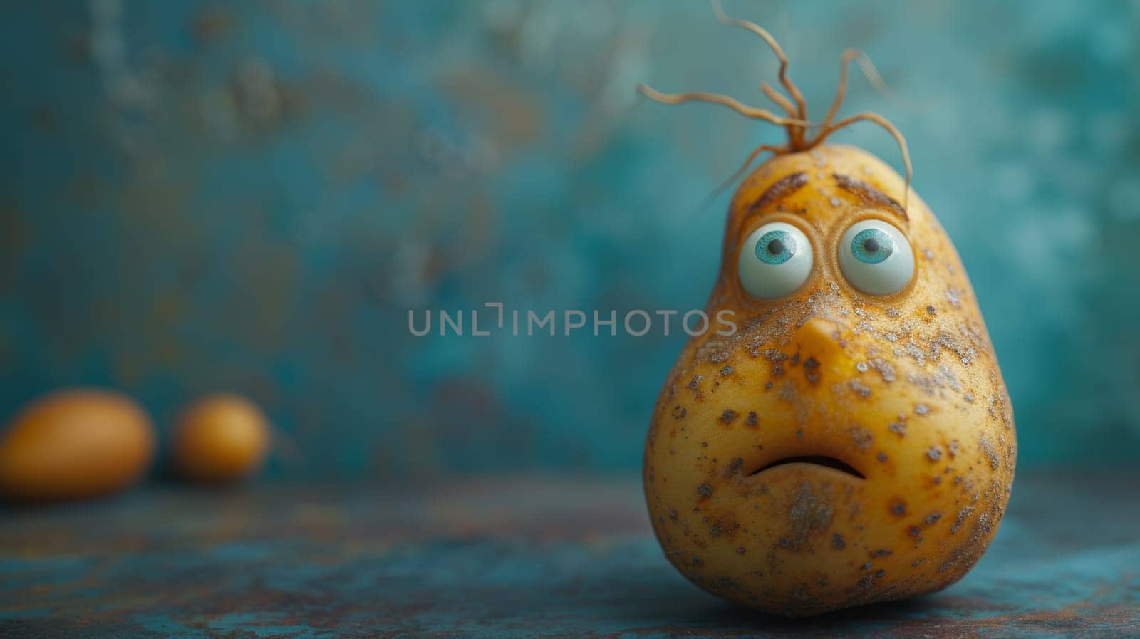 A potato with a sad face and eyes on it's head