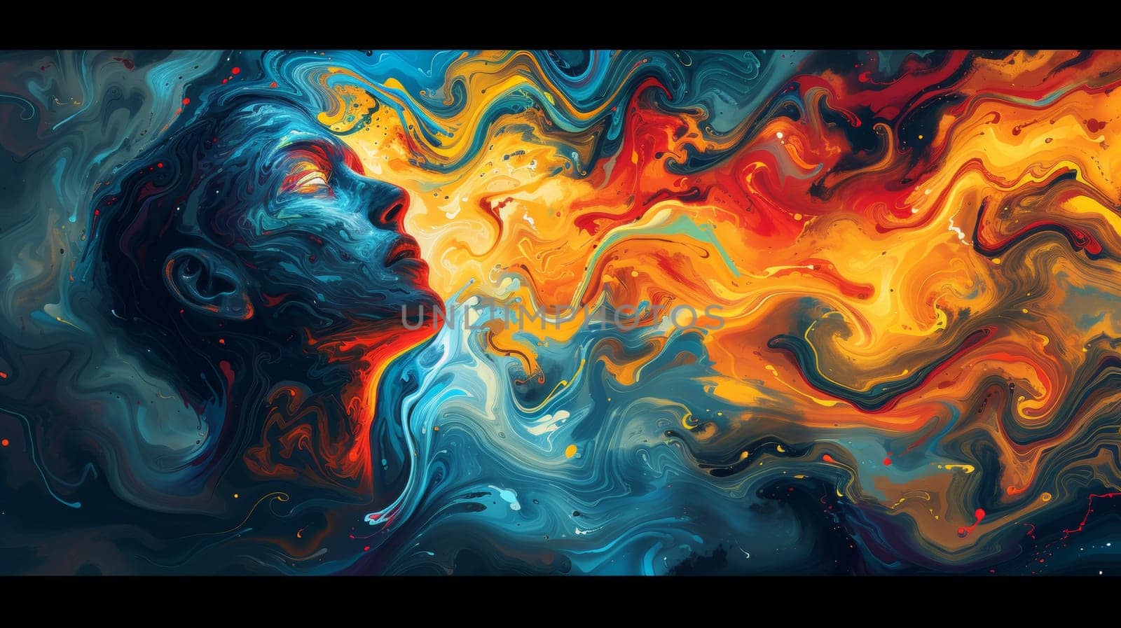 A painting of a man's face with swirling colors and swirls, AI by starush