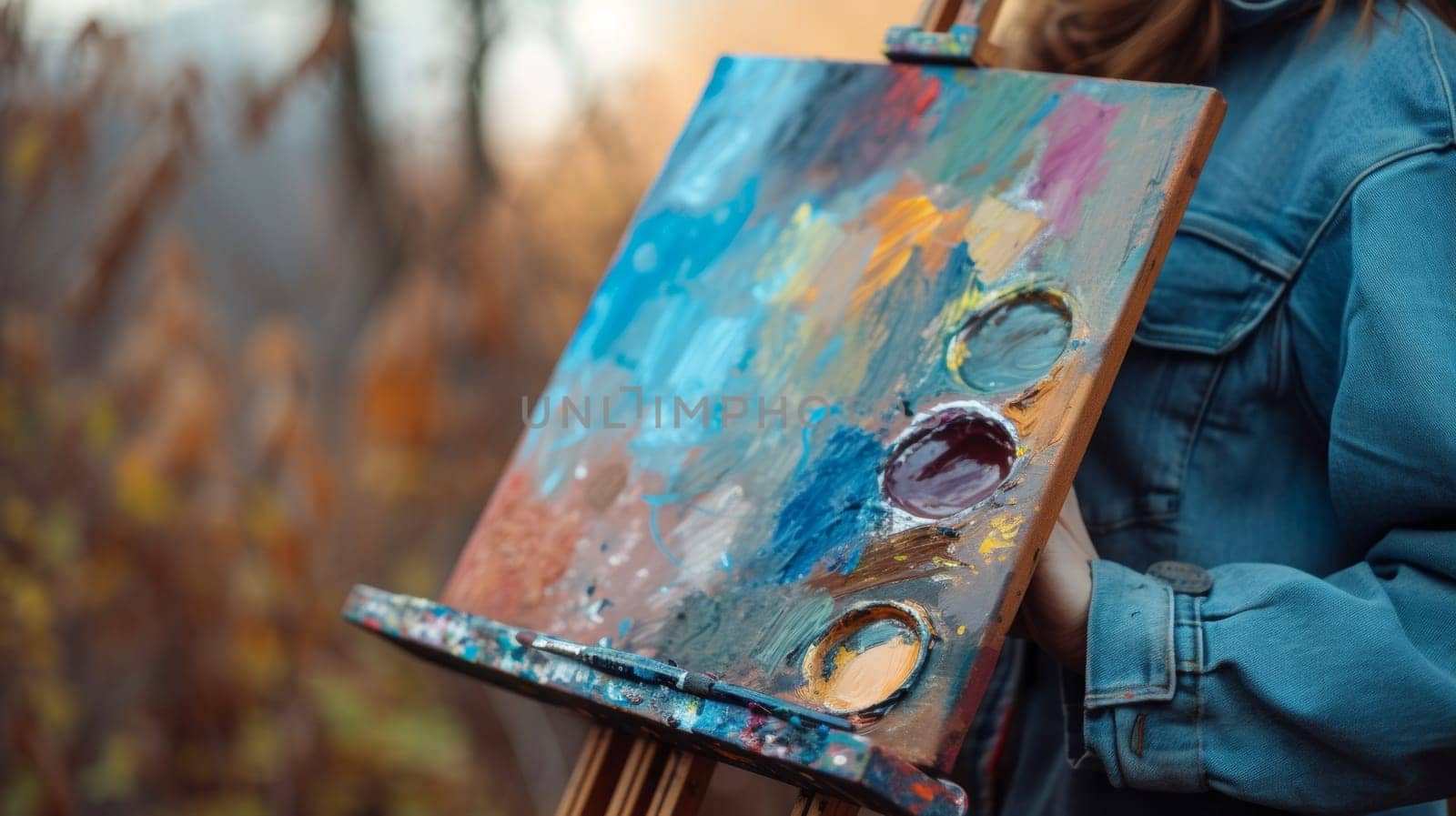 A person holding a paint palette and an easel in their hands, AI by starush