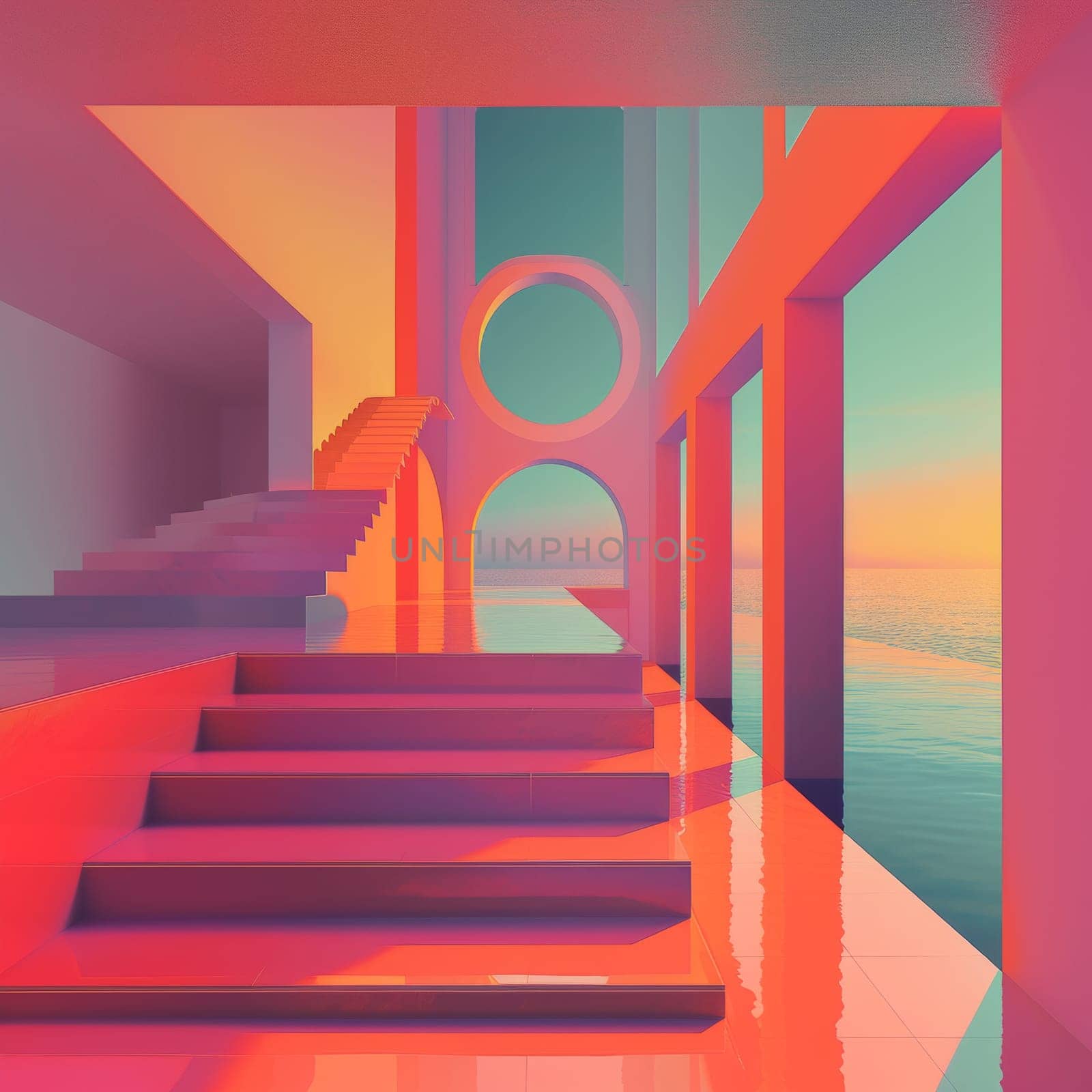 A stairway leading to a room with windows and water, AI by starush