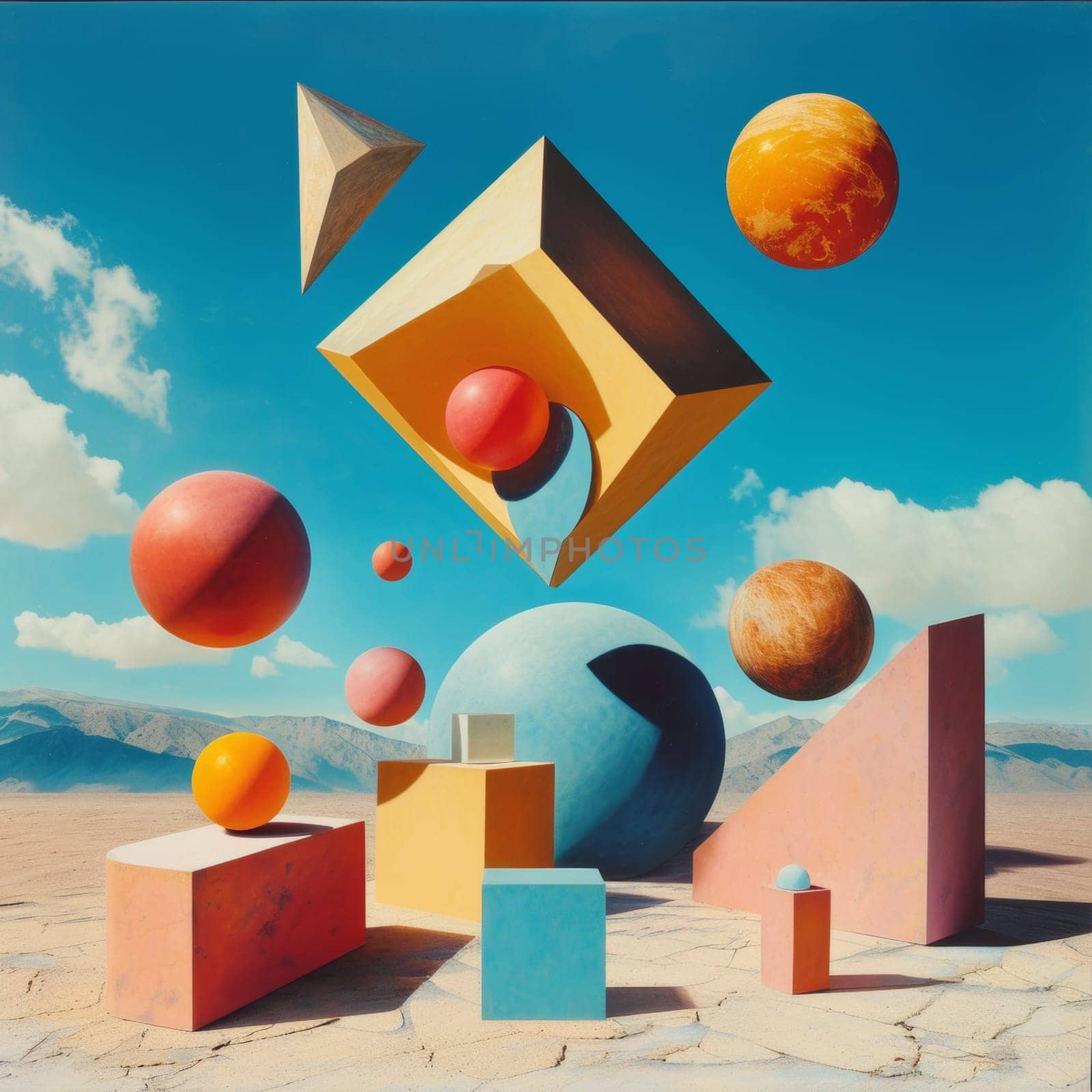A painting of a large number of cubes and spheres in the desert