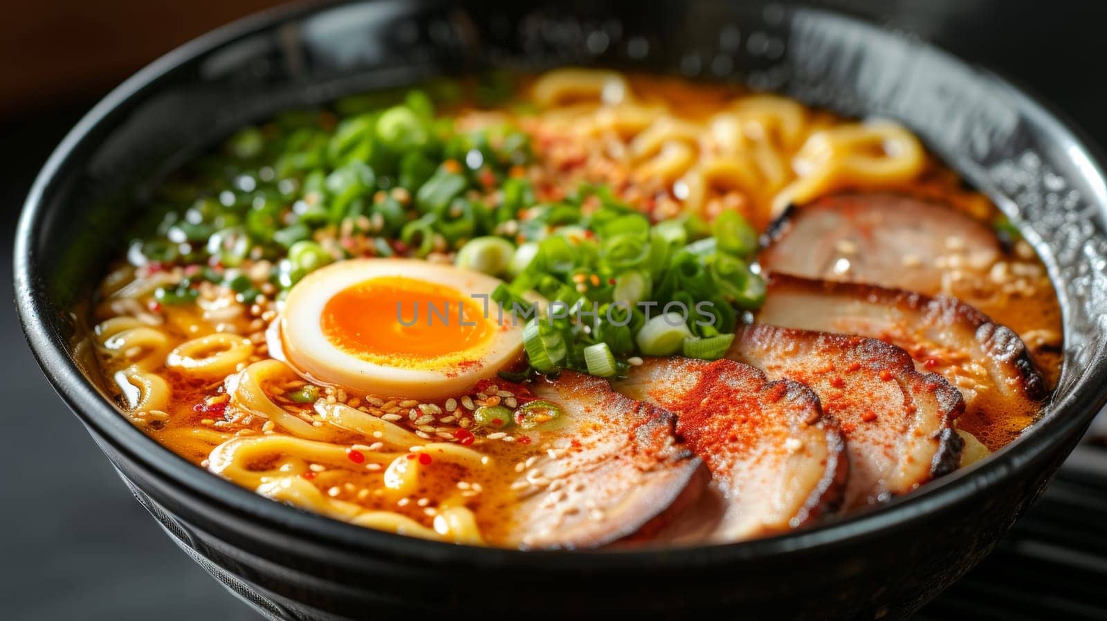 A bowl of noodles with meat and an egg in it, AI by starush