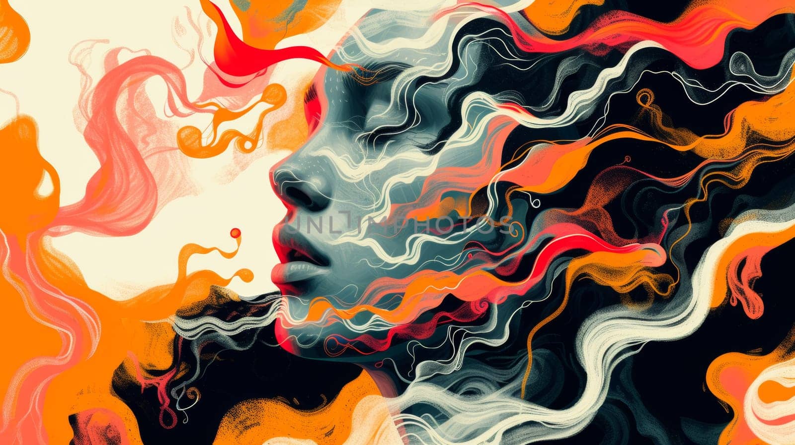 A woman's face is painted with swirls of color and smoke, AI by starush