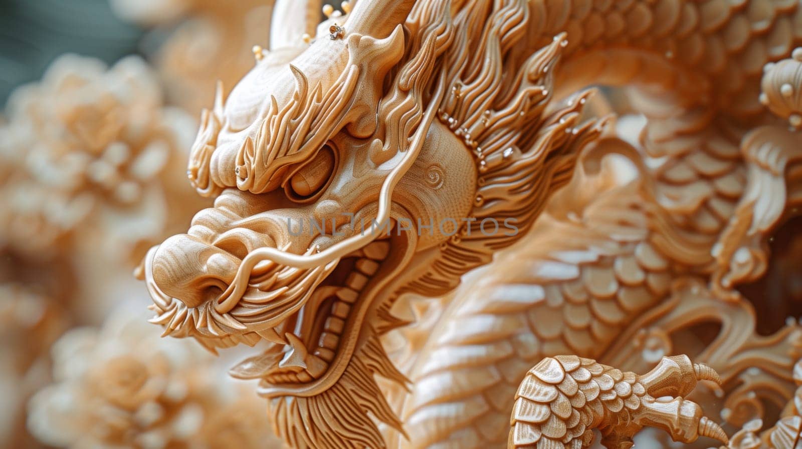 A close up of a carved dragon head on display in an art gallery