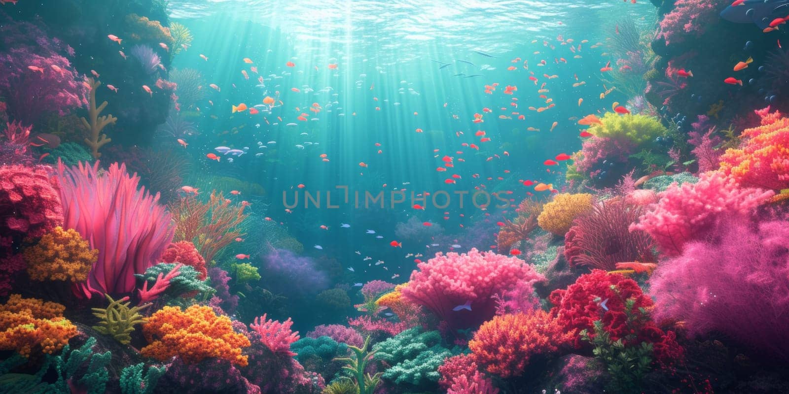 A colorful underwater scene with many different types of coral