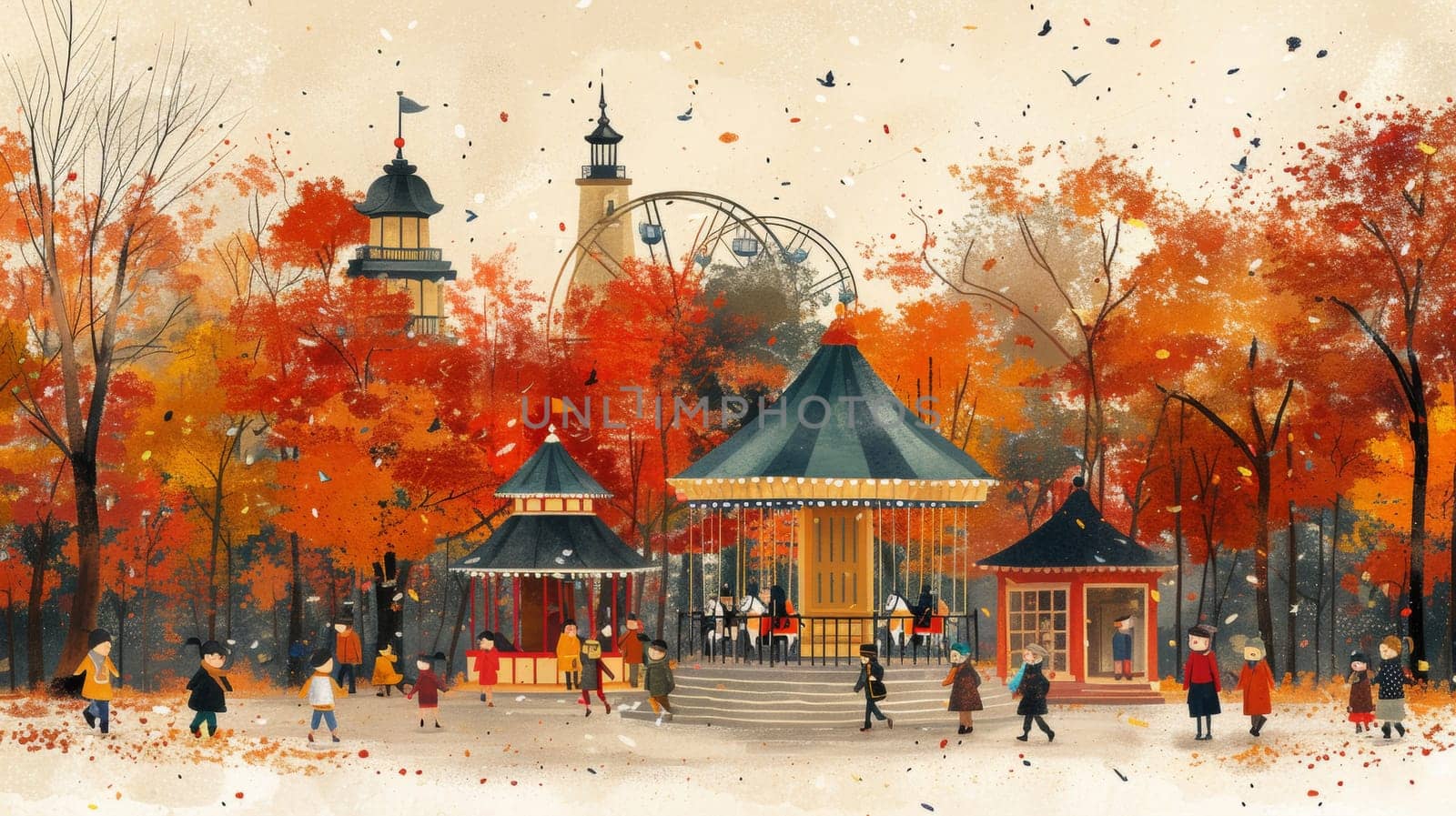A painting of a park with people and trees in the fall