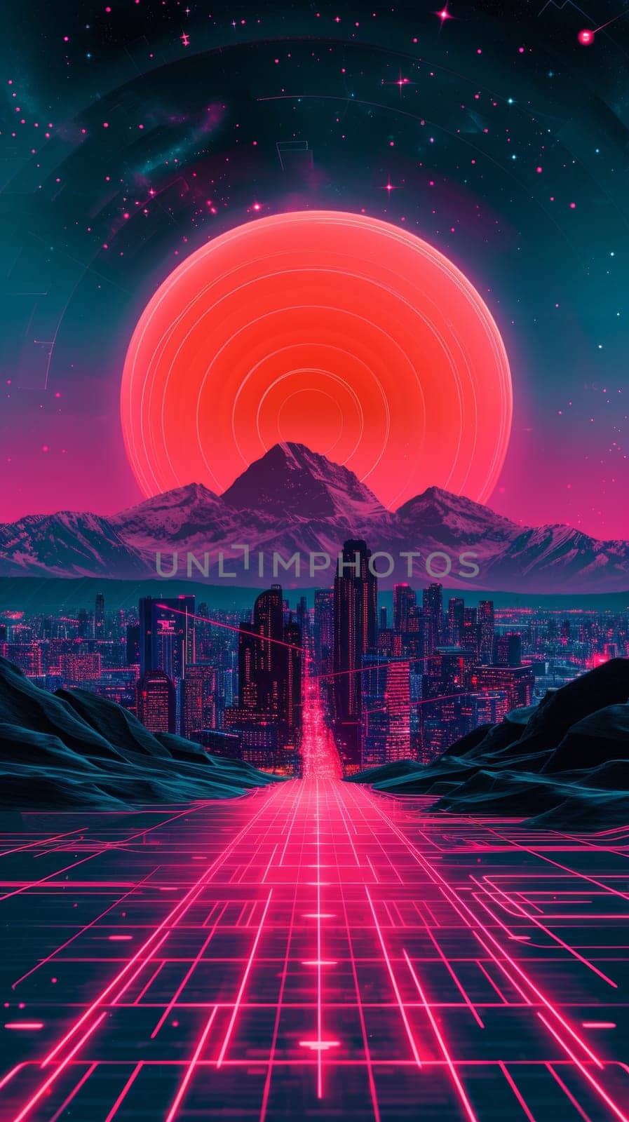 A futuristic city with a neon lighted road and mountains in the background, AI by starush