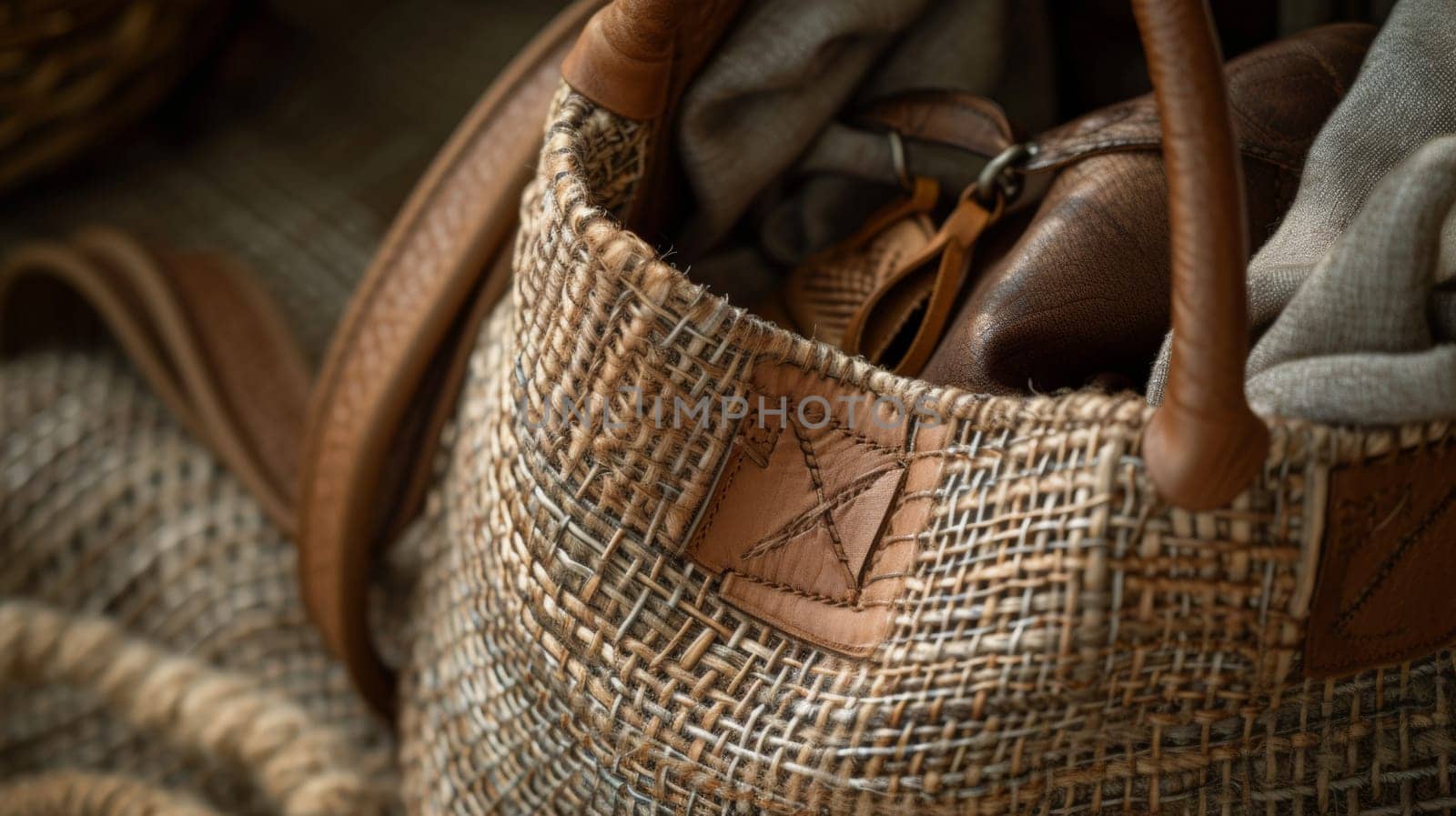 A close up of a woven bag with some items inside, AI by starush