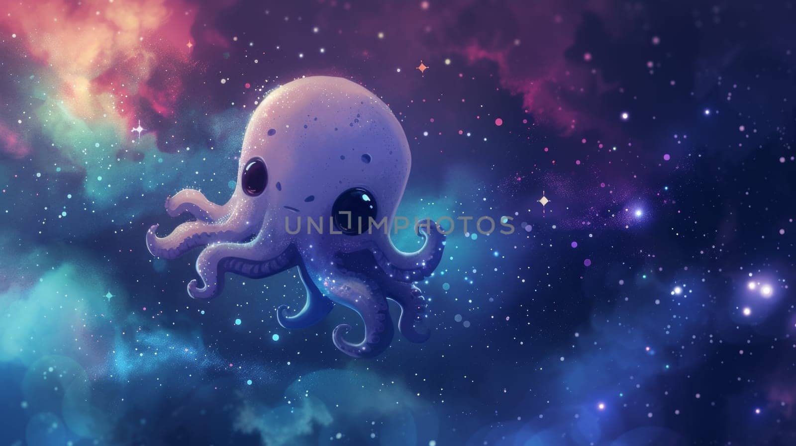 An octopus is floating in the middle of a galaxy