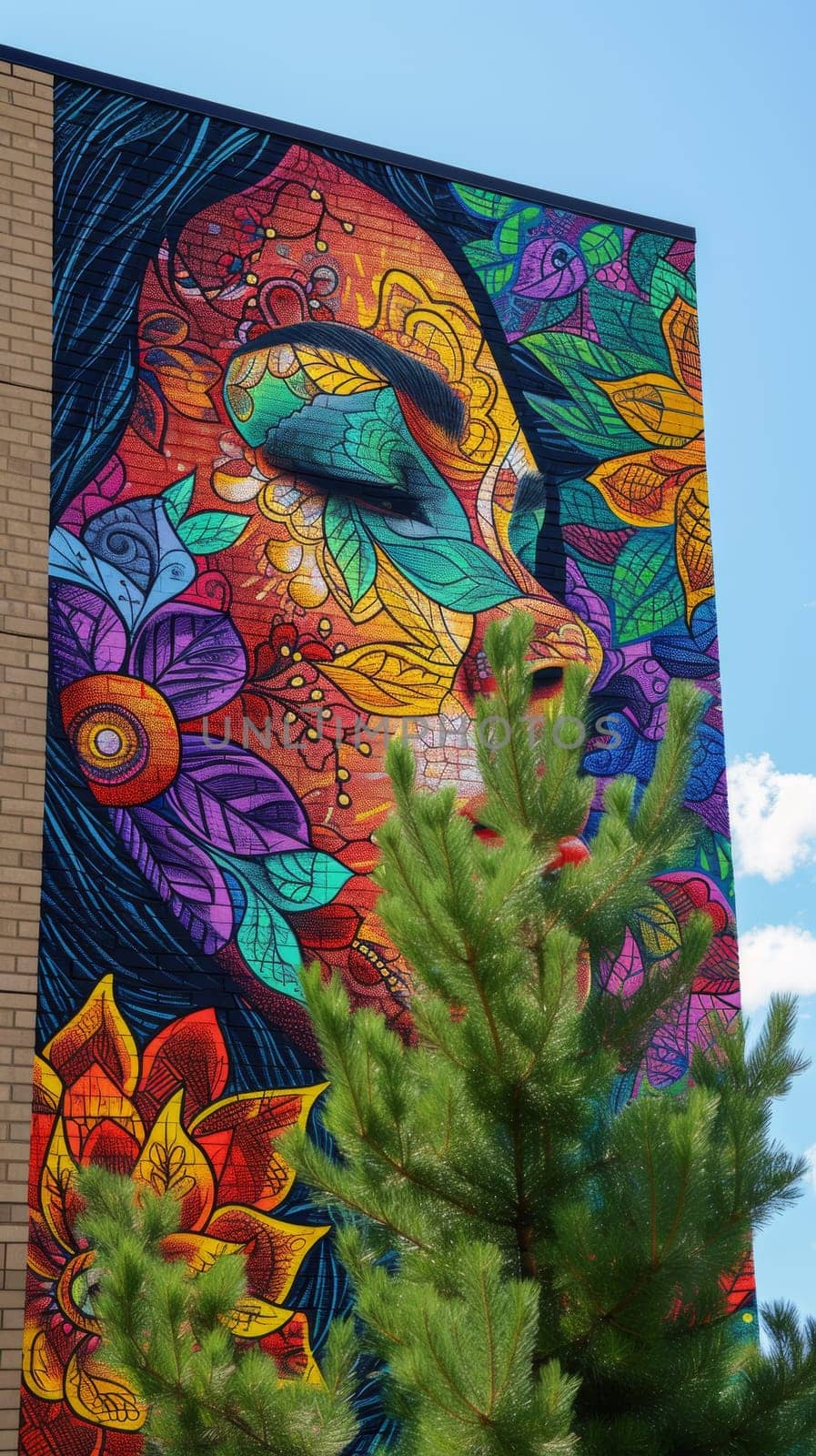 A large colorful mural on the side of a building with trees in front, AI by starush