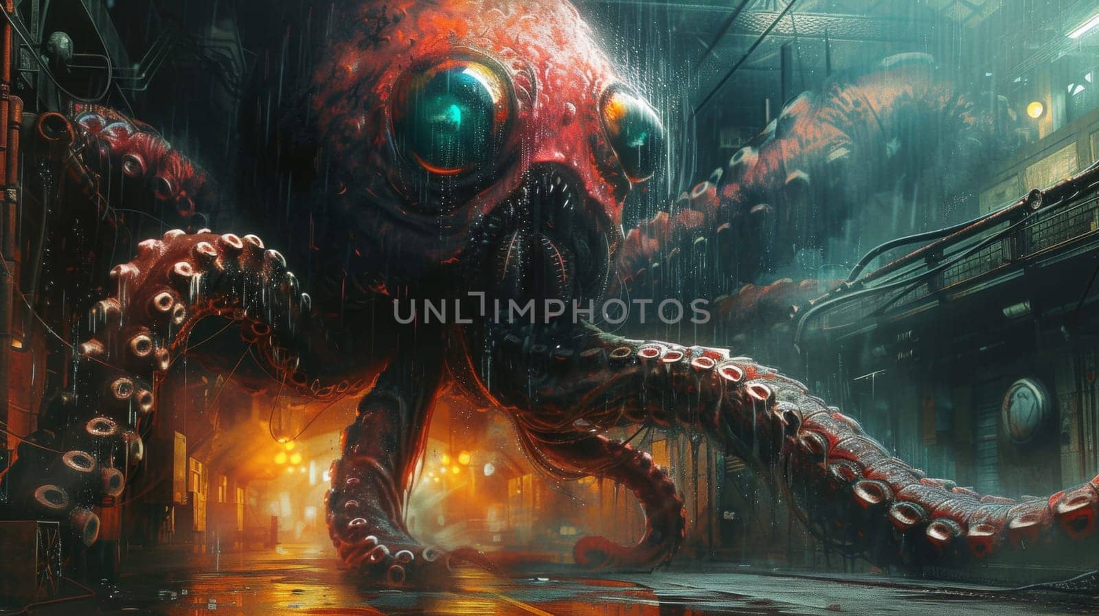 A large octopus with big eyes and tentacles in a dark room, AI by starush