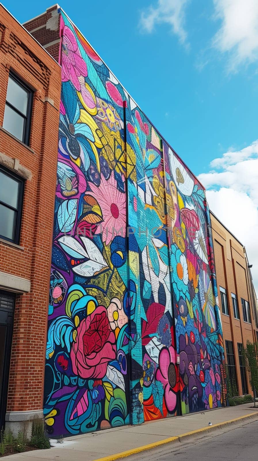 A large colorful mural on the side of a building next to some trees, AI by starush