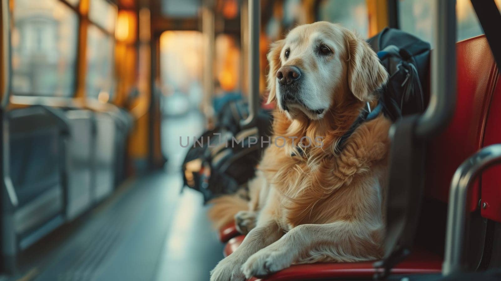 A dog sitting on a bus seat with its head hanging down, AI by starush