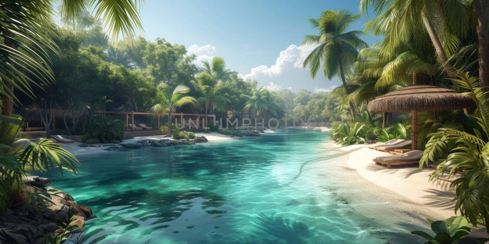 A tropical resort with a river and palm trees in the background, AI by starush
