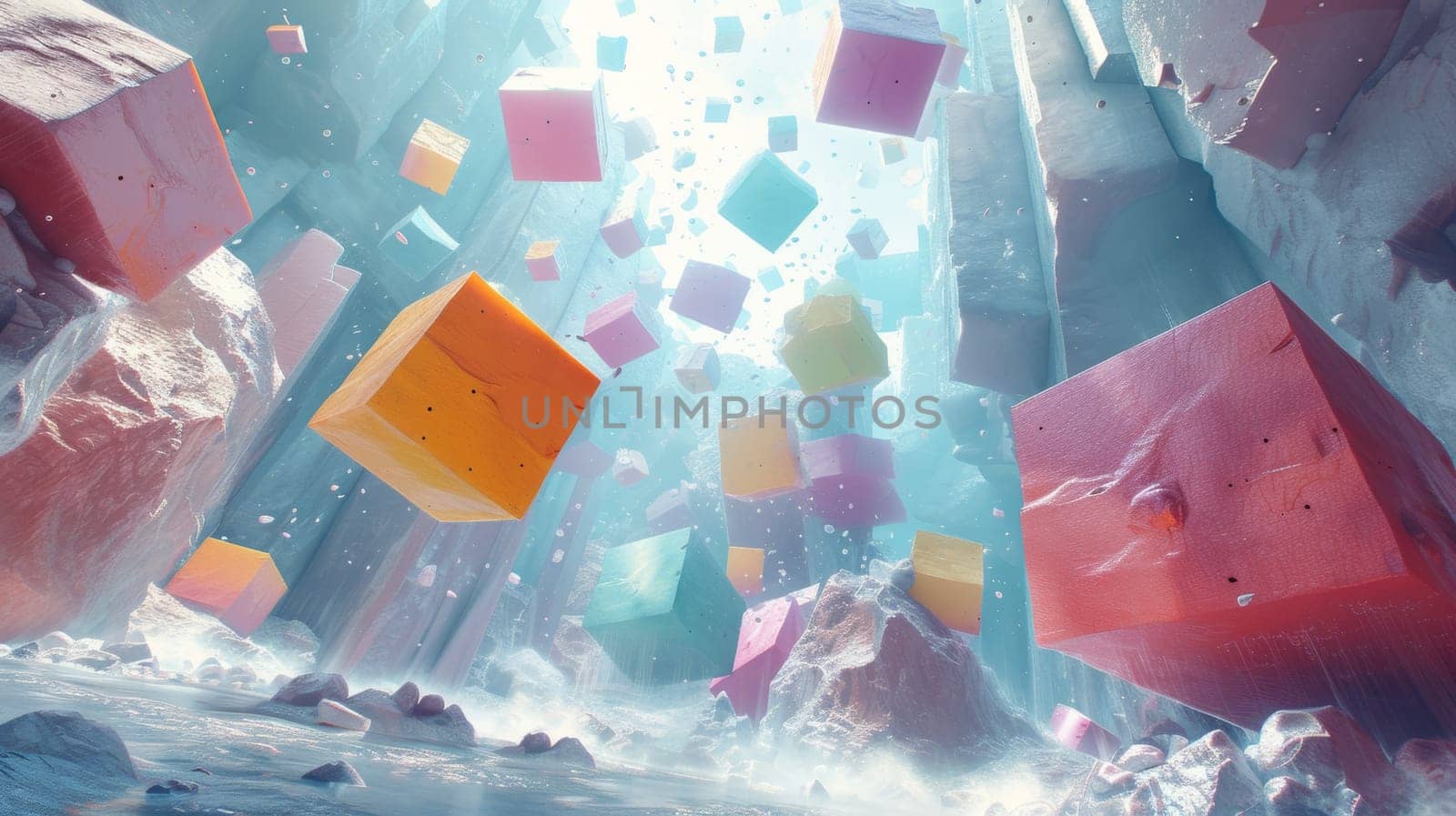 A bunch of colorful cubes are floating in a watery area