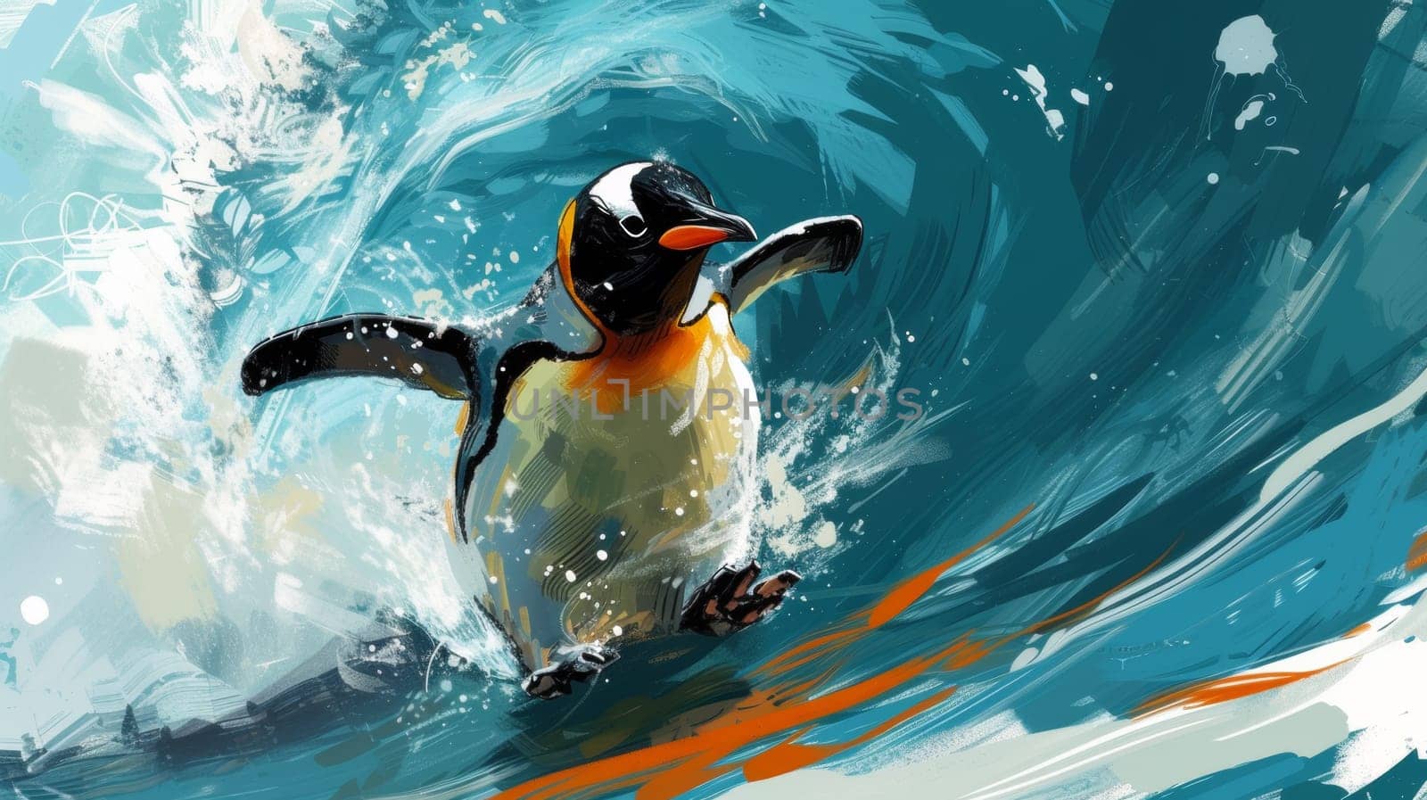A painting of a penguin riding the waves on an ocean wave