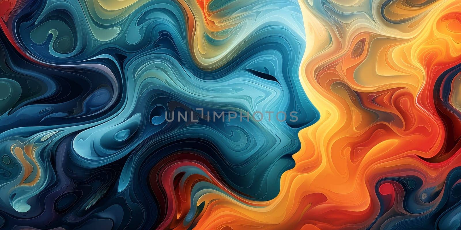 A colorful abstract painting of a woman's face with swirls